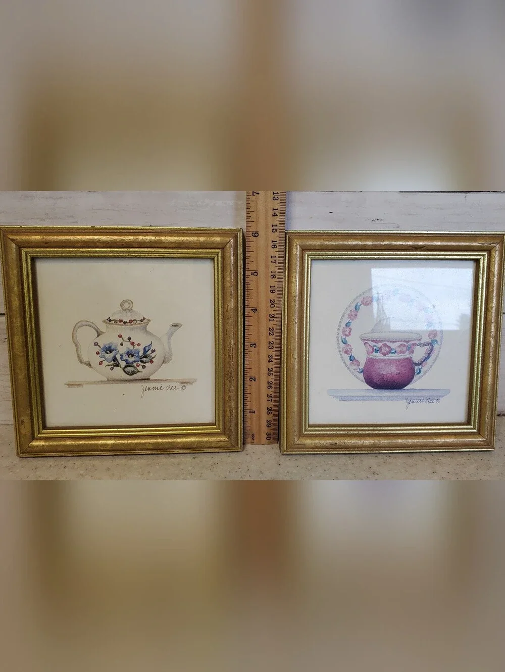 2 Jennie Lee Framed Teapot & Teacup Prints Gold Frames Cottagecore Grandmacore
